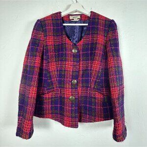 Vintage Paul Costelloe Womens Plaid Wool Mohair Blend Tweed Blazer Jacket Size 8